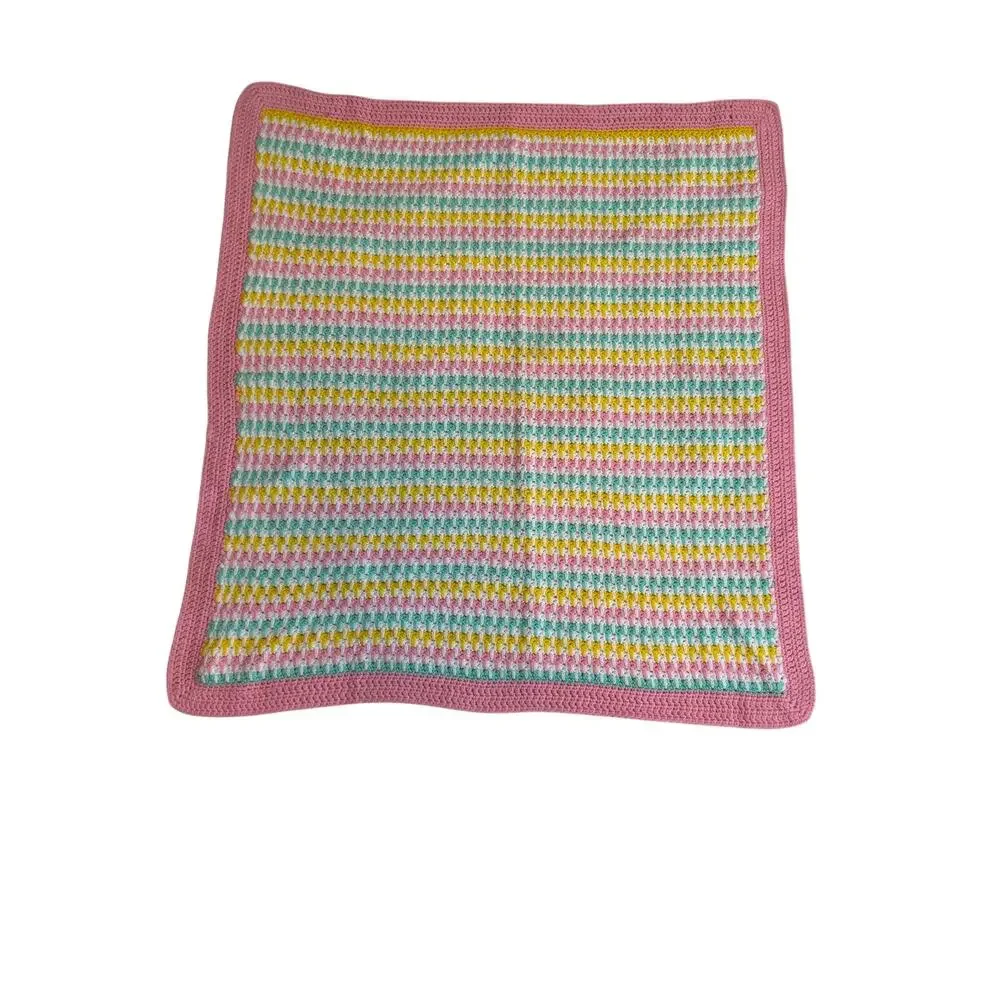 Handmade Crochet Unisex Baby Blanket Pink Yellow Blue Striped Pastels Granny VTG